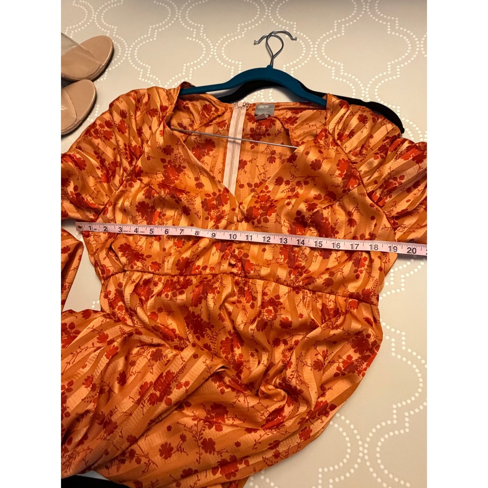 ASOS Maxi Dress Floral Burnout Stripe Puff Sleeve Orange Red Size 12 - Picture 7 of 8
